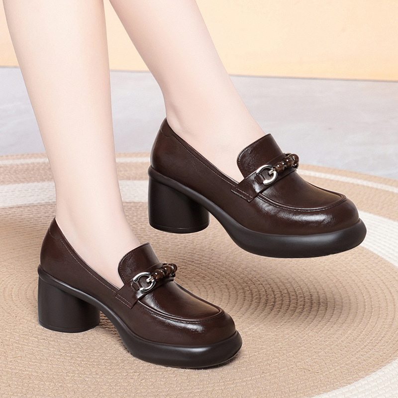 Leather Work Flats Women - Mocasines de tacón grueso para mujer,